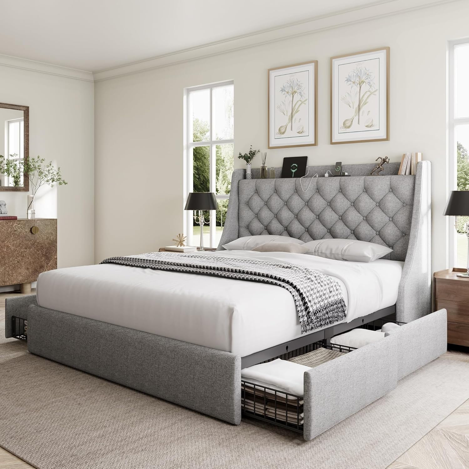 Galnfu Queen Bed Frame with 4 Storage Drawers, Giant Upholstered Wingback Headboard, Fast Charging Station, No Box Spring Needed, Noise-Free,Light Gray
