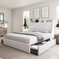 thumbnail image 1 of Galnfu Queen Bed Frame with 4 Storage Drawers, Giant Upholstered Wingback Headboard, Fast Charging Station, No Box Spring Needed, Noise-Free,White, 1 of 8