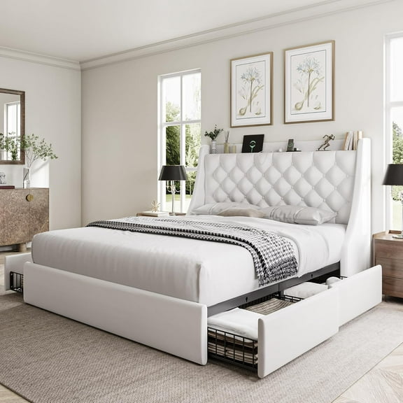 Galnfu Queen Bed Frame with 4 Storage Drawers, Giant Upholstered Wingback Headboard, Fast Charging Station, No Box Spring Needed, Noise-Free,White