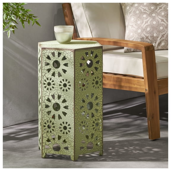 Galore Side Table, 14" Outdoor Patio Table with Sunburst Design, Green Green + Iron