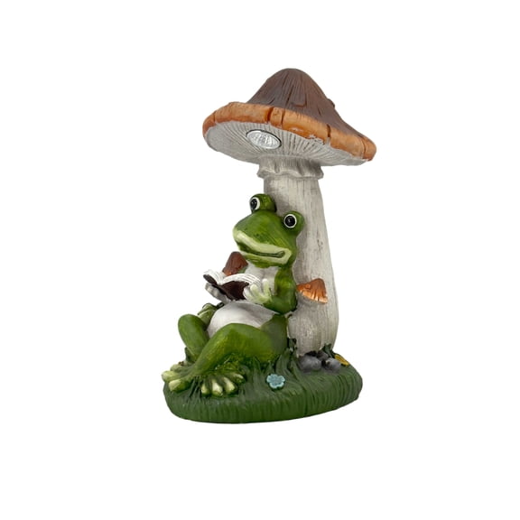 Galt International 14" Reading Frog Mushroom Solar LED Statue
