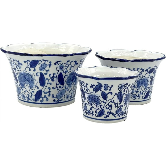 Galt International Blue & White Floral Porcelain Ceramic Decorative Flower Pot 8"/6"/4.5" Garden Pots Chinese Asian Design - Set of 3 Round Fluted