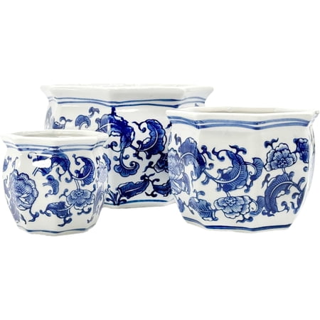 Galt International Blue & White Floral Porcelain Ceramic Decorative Flower Pot 8"/6"/4.5" Garden Pots Chinese Asian Design - Set of 3 Cylinder Fluted Edge