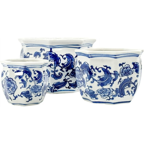Galt International Blue & White Floral Porcelain Ceramic Decorative Flower Pot 8"/6"/4.5" Garden Pots Chinese Asian Design - Set of 3 Cylinder Fluted Edge