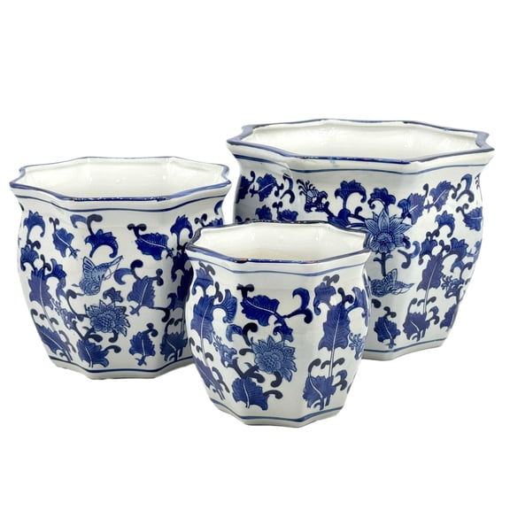 Galt International Set of 3 - 7.5"/10"/13" Ceramic Chinoiserie Planter Pot Set