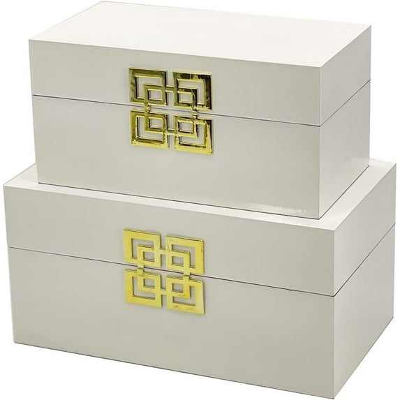 Galt International Large & Small Decorative Storage Box w/Hinged Lid - Classic Design Wood Decor Boxes with Geometric Opening Clasp - Home & Office Storage - Set of 2 (White + Gold)