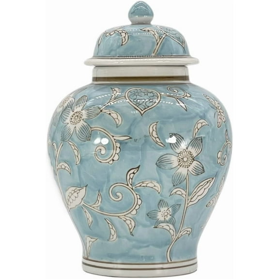 Galt International Light Blue and White Flower Chinoiserie Jar 12" w/Lid - Ginger Jar, Tea Storage, Decorative, Home Décor Vase