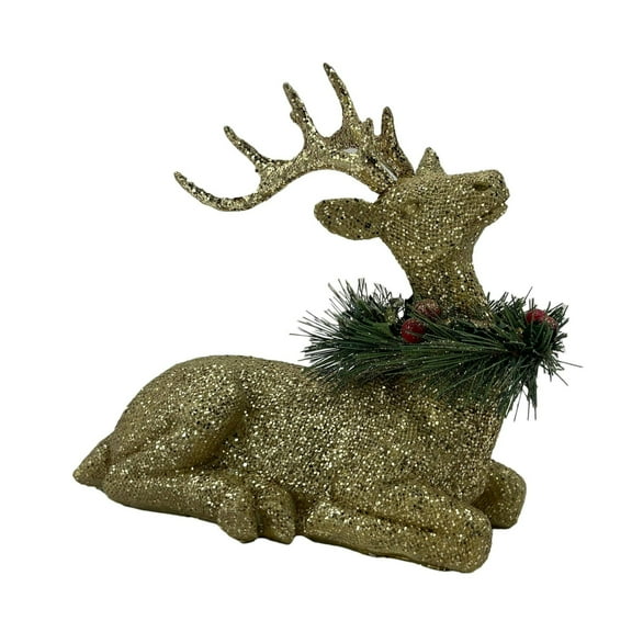 Galt International Sitting Glitter Deer Christmas Figurine - 9" - Gold and Green