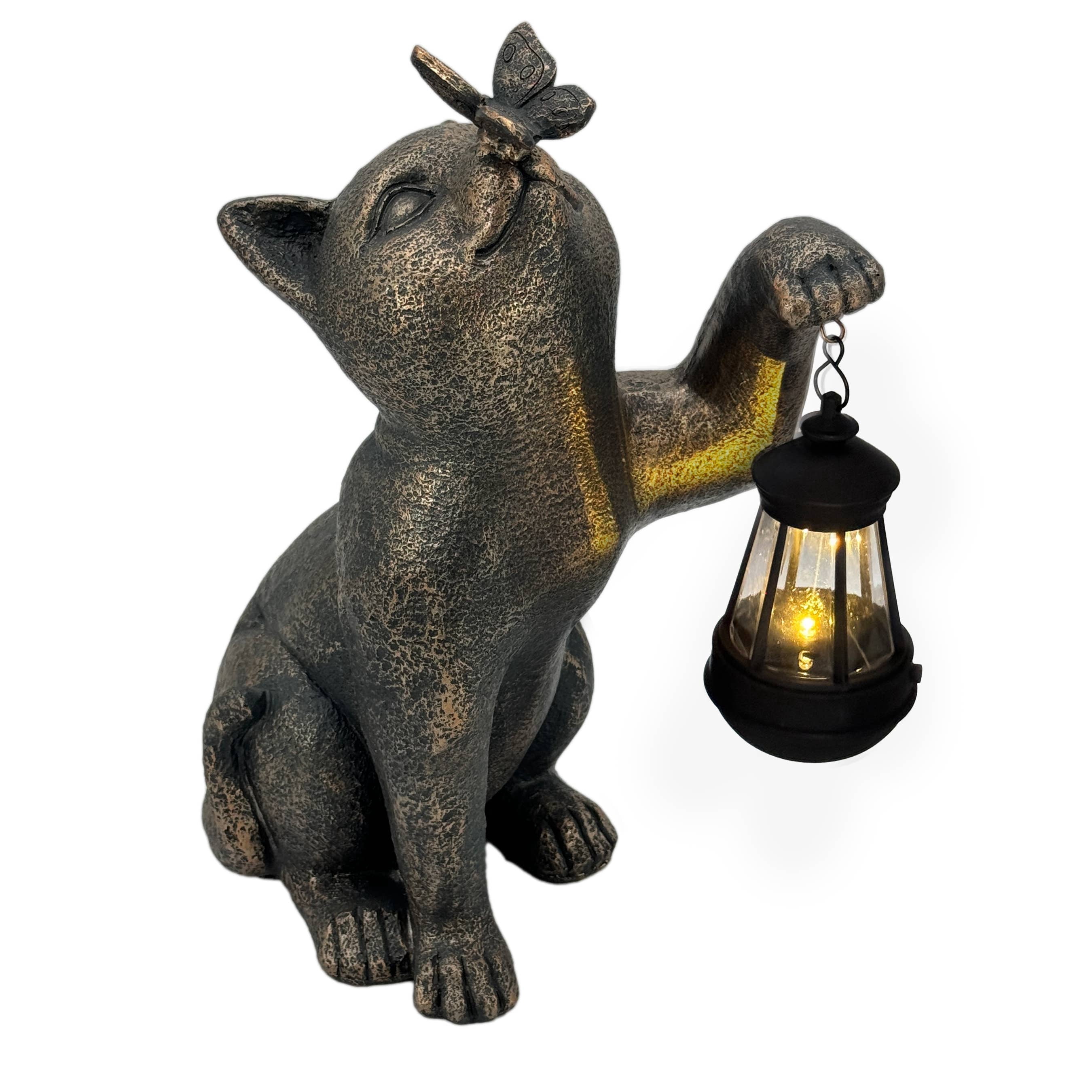 Galt International Solar LED Lantern Kitty Cat & Butterfly Statue