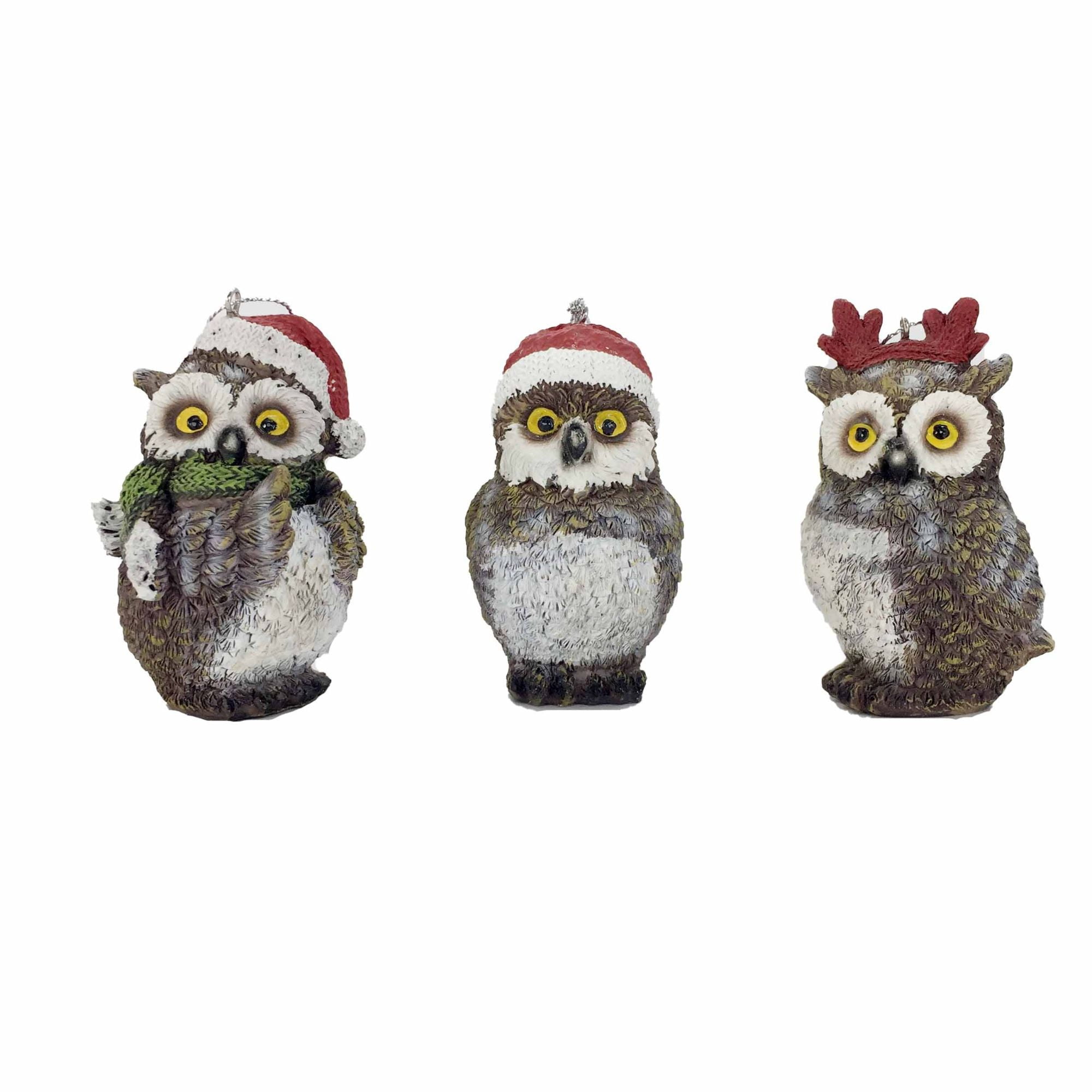 Gray and White Resin Winter Owl Figurine Set