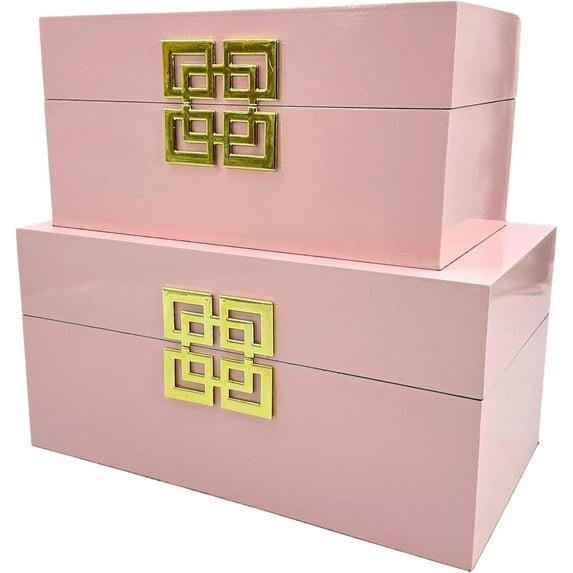 Galt International Storage Box Set Decorative Storage Box w/Hinged Lid Classic Design Wood Decor Boxes with Geometric Clasp Storage for Bedroom & Home - Set of 2 (Pink & Gold)