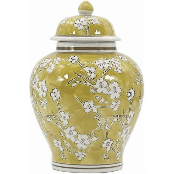 Galt International Yellow and White Floral Chinoiserie Jar 12" w/Lid - Ginger Jar, Tea Storage, Decorative, Home Décor Vase