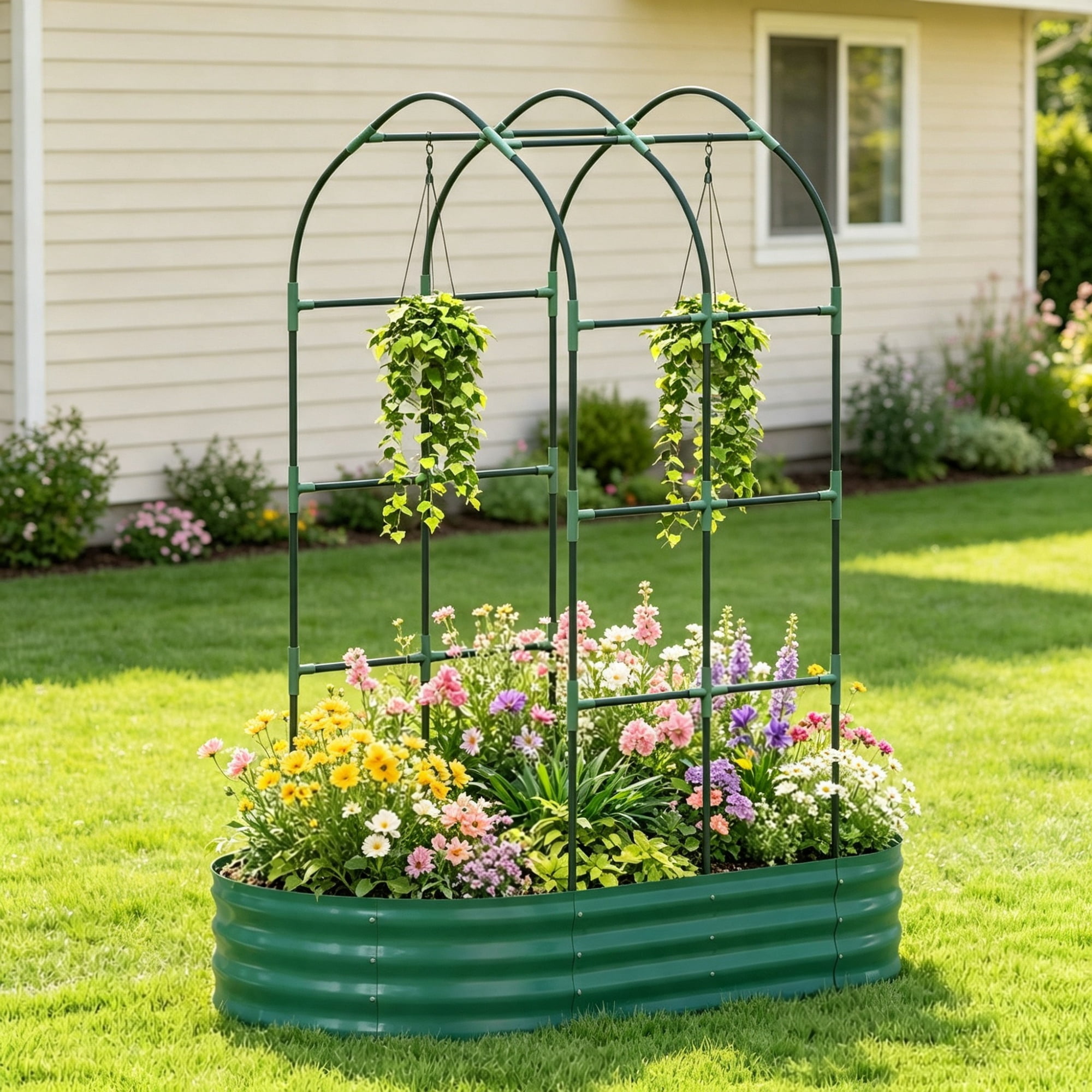 Galvanised Metal Raised Garden Bed, 5 x 3 x 6ft Outdoor Planter Box, Arched Trellis, Open Bottom, Green (Only for Elevated Garden Beds)