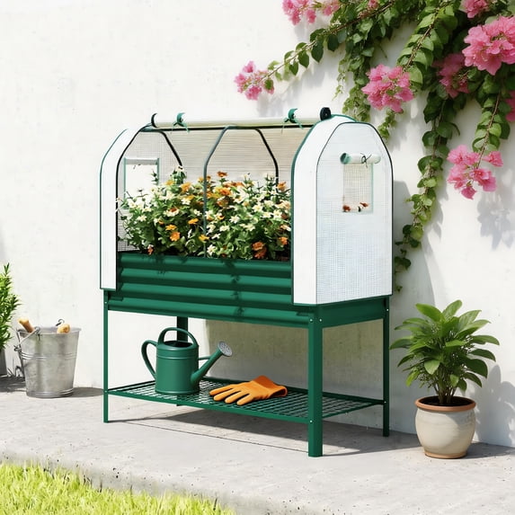 Galvanised Raised Garden Bed with Legs, Elevated Planter Box with Storage Rack for Garden, Balcony, 396lb Capacity, Green