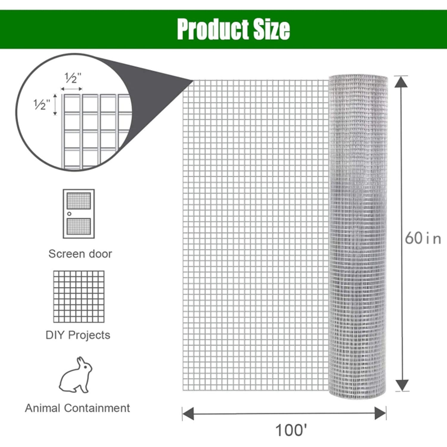 BOFANG 100 ft x 60 in 1/2 Inch Mesh Hardware Cloth Netting with Galvanized 19 Gauge
