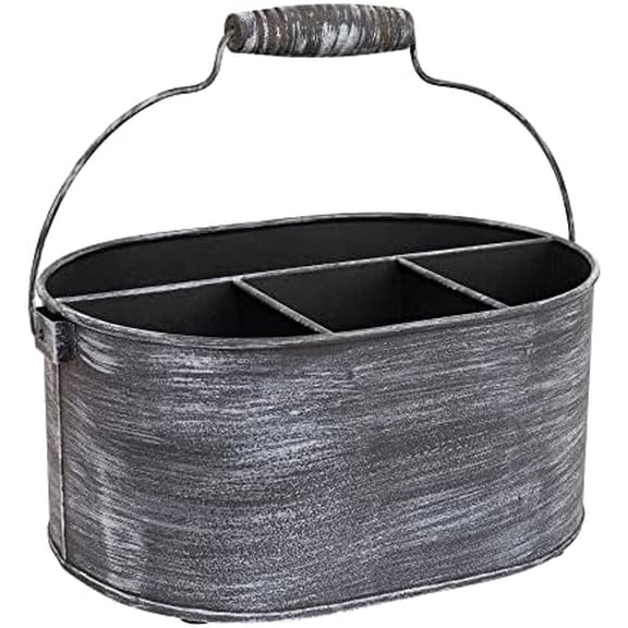 Galvanized Flatware Caddy  Rustic Metal Utensil Holder with Handle  4-Compartment Kitchen Organizer for Cutlery, Napkins, BBQ Tools  Farmhouse Table Decor & Storage$$Home Decor, Kitchen, & Other