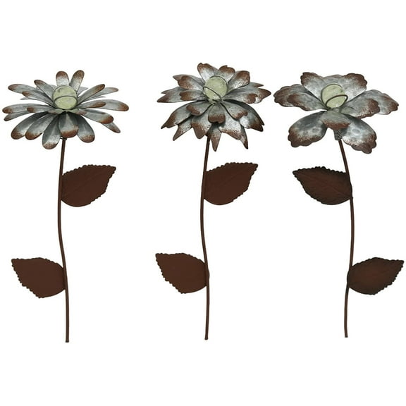 Galvanized Floral Garden Stake Outdoor Glow in Dark Plant Pick Water Proof Metal Stick Ornament Decor for Lawn Yard Patio, 4"W x 1.5"D x 13.8"H, 3 Set
