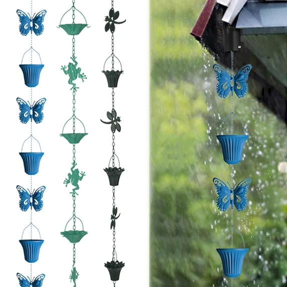Galvanized Garden Rain Chain – Gutter Downspout Water Diverter with Dragonfly/Frog/Butterfly Decor, Chiming Cups, Ideal for Porches/Gardens & Outdoor Decor, 39.3in/100cm, Blue