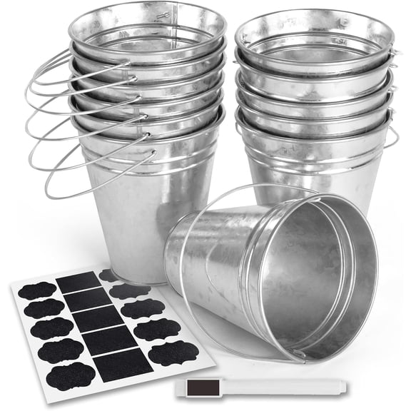 Galvanized Metal Bucket with Handle 12 Pcs- Metal Buckets for Party, Tin Buckets with erasable Stickers and Chalk Marker Silver Bucket 4.7" W x 5" H x 2.7" L