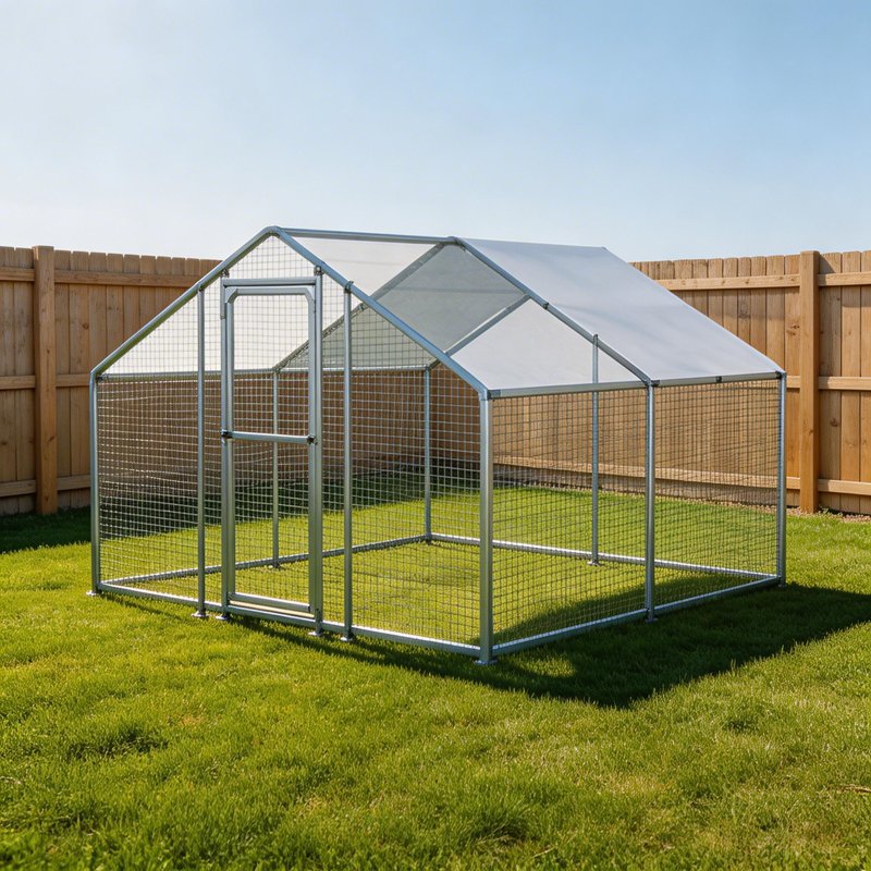 Galvanized Metal Chicken Coop with Pointed Roof, 10x10x6.5FT, Iron Poultry Enclosure, Natural Finish