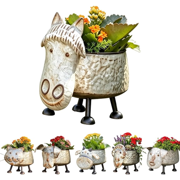 Galvanized Metal Farm Animal Planter Collection - Rustic Barnyard Flower Pots for Indoor & Outdoor Use - Decorative Animal Planters for Porch Patio Garden(A)Q