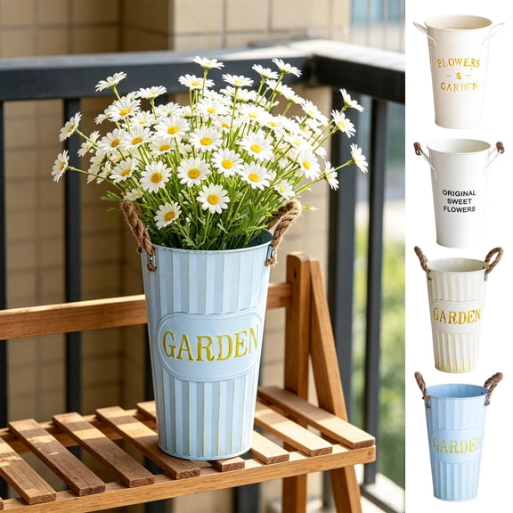 Galvanized Metal Flower Bucket Vase - Rustic Farmhouse Planter • Waterproof • Rope Handles • Weather-Resistant • Floral Arrangements, Wedding Centerpieces, Patio Decor