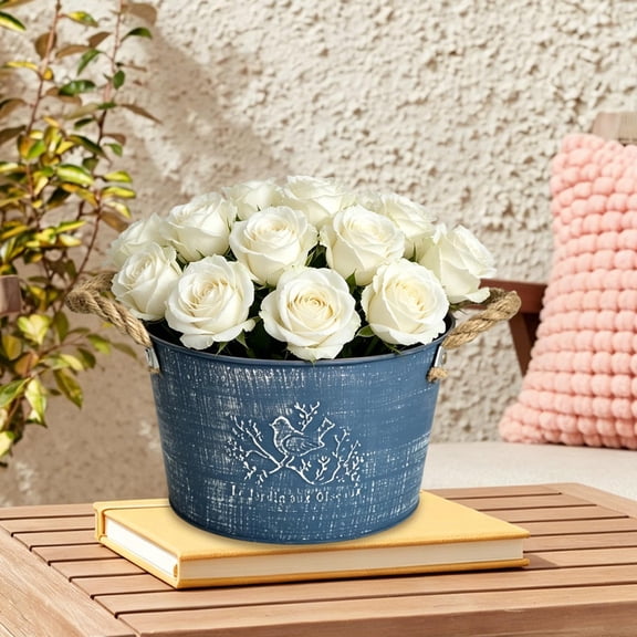 Galvanized Metal Flower Pot Bucket Vase, Small Rustic Iron Planter Container for Indoor Outdoor Use, Decorative Metal Vase for Home Garden Patio Shelf Tabletop, Farmhouse Style Ornament