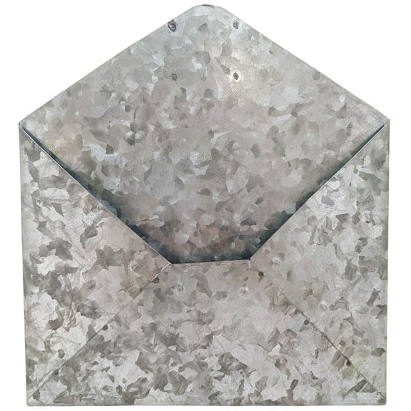 Galvanized Metal Hanging Envelope Shaped Mail Holder Wall File - Rustic Country Theme Functional Decoration for Home & Office, Holds Papers, Letters, Brochures (9.75" x 10.75") Silver