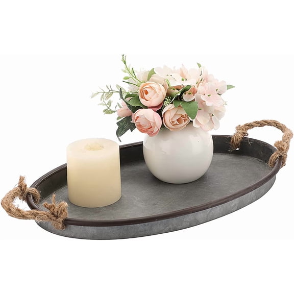 Galvanized Metal Iron Oval Tray with Rope Handle Farmhouse Serving Tray Rustic Industrial Decorative Centerpiece for Coffee Table Weddings and Parties Decor, Large