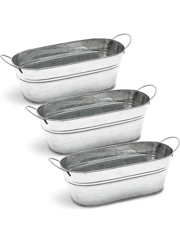 Galvanized Metal Oval Planter with Handles for Decor (11.8 x 5.5 x 4 in, 3 Pack)