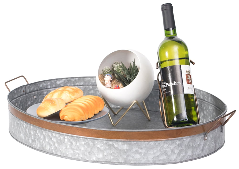 Large Gray Galvanized Metal Oval Rustic Serving Tray with Handles
