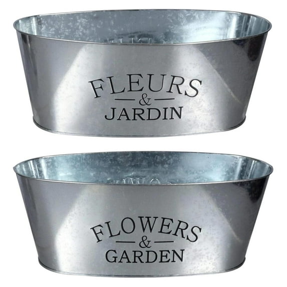 Galvanized Metal Oval-Shaped Planters 10.5x5.5x4 in, Plant Container Tub Bucket Holder Succulent Flowers Home Office Indoor Outdoor Patio Porch Garden Table Decorations, 2ct.