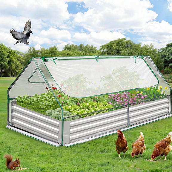 Galvanized Metal Raised Garden Bed with Canopy Cover – 6x3x1ft Large Outdoor Planter Box, Mini Greenhouse with Screen Windows for Vegetables, Flowers & Herbs – Silver, With a Canopy, 175x84x28cm