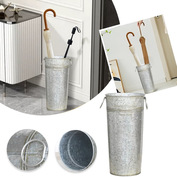 Galvanized Metal Standing Umbrella Holder Rack for Canes Walking Sticks Farmhouse French Style Vase Bucket with Carrying Handles Silver Finish