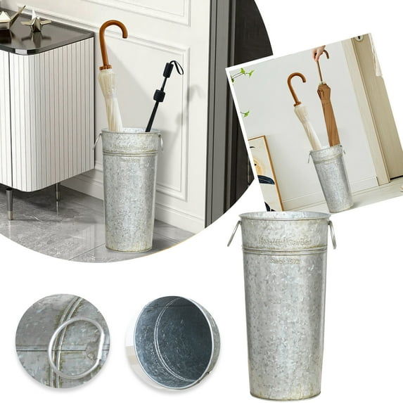 Galvanized Metal Standing Umbrella Holder Rack for Canes Walking Sticks Farmhouse French Style Vase Bucket with Sturdy Handle Design