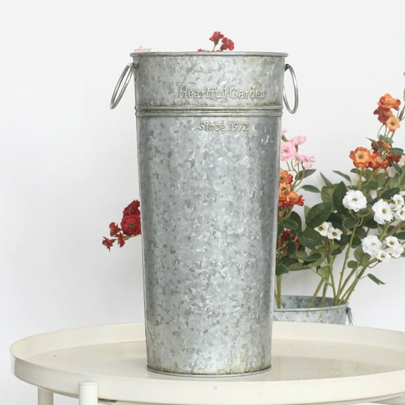 Galvanized Metal Umbrella Stand Rack - Farmhouse Style French Bucket with Handles for Standing Umbrellas and Walking Sticks - Silver