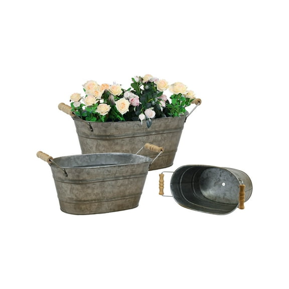 Galvanized Oval Planter Tubs for Outdoor Plants - Farmhouse Small Metal Tin Buckets with Drain Hole & Rubber Plug Medium Plant Containers with Handles Vintage Style for Decor, Set of 3