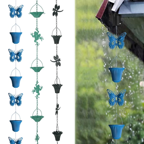 Galvanized Rain Chain Gutter Downspout Catcher - Decorative Metal Rain Cups Chime,FrogDesign, 39.3 in, Blue Green Black