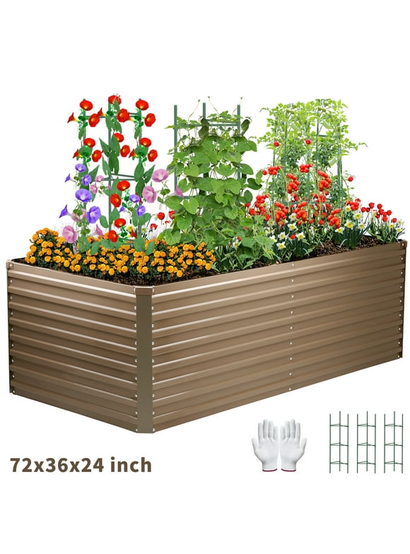 Galvanized Raised Deep Garden Bed 6x3x2 ft Steel Rust-Resistant Planter Box Outdoor Gardening Large Elevated Metal Container for Vegetables, Herbs, Flowers, shrub, fruit trees seedlings Brown