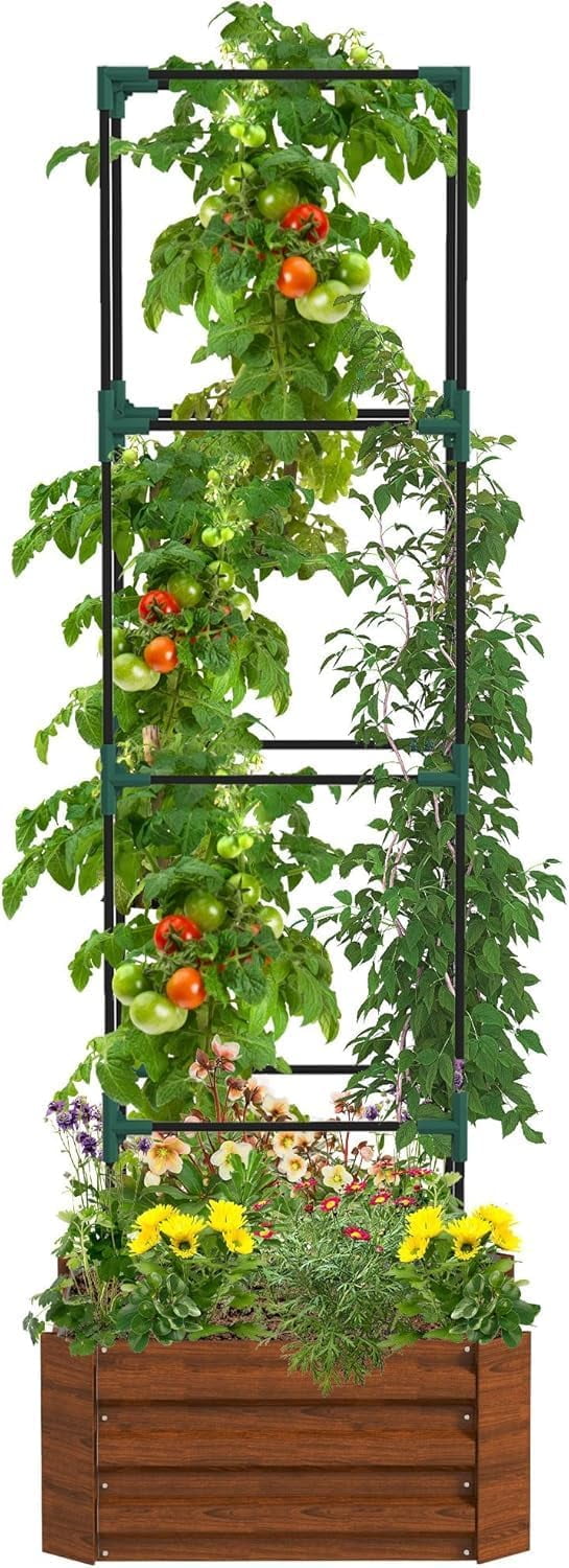 Brown Galvanized Steel Raised Garden Bed with Trellis, 24" x 24" x 11.75"