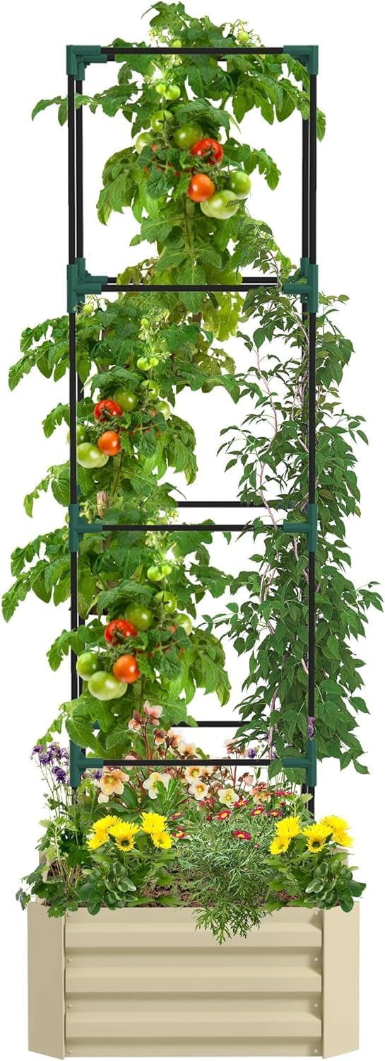 Brown Galvanized Steel Raised Garden Bed with Trellis, 24" x 24" x 11.75"