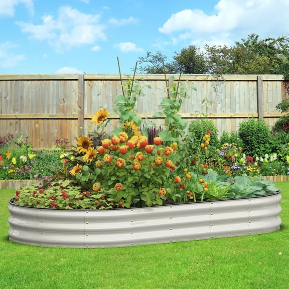 Galvanized Raised Garden Bed, 8x4x1 FT Oval Metal Planter Box for Outdoor, 12” Raised Beds for Gardening Vegetables Flower Herb( White)
