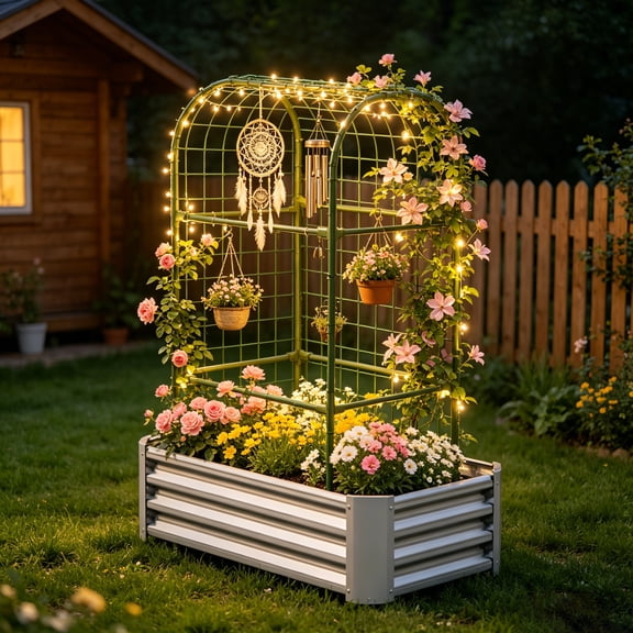 Galvanized Raised Garden Bed, DIY Planter with Flower Rack, Outdoor Metal Planting Box for Climbing Vine, Rose, Vegetable