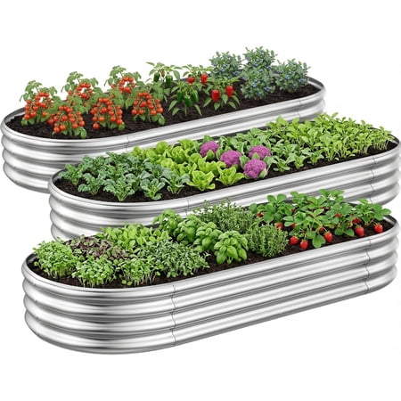 Galvanized Raised Garden Bed Kit, 3Pcs 4ft Planter Raised Garden Boxes Outdoor, Oval Metal Raised Garden Beds for Vegetables