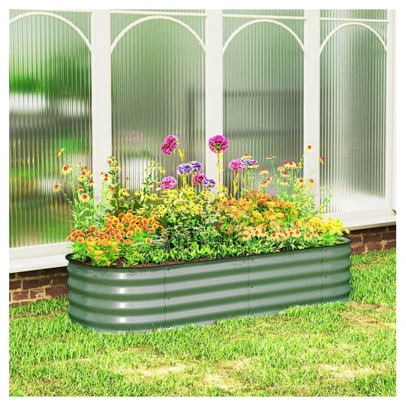 Galvanized Raised Garden Bed Kit 4.9x2x1ft, Metal Planter Box, Safety Edging, Green - Outdoor Vegetable Flower Planter