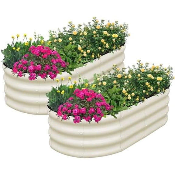 Galvanized Raised Garden Bed Outdoor, 2 Pcs 4x2x1ft Oval Metal Planter Box for Planting Plants Vegetables, White