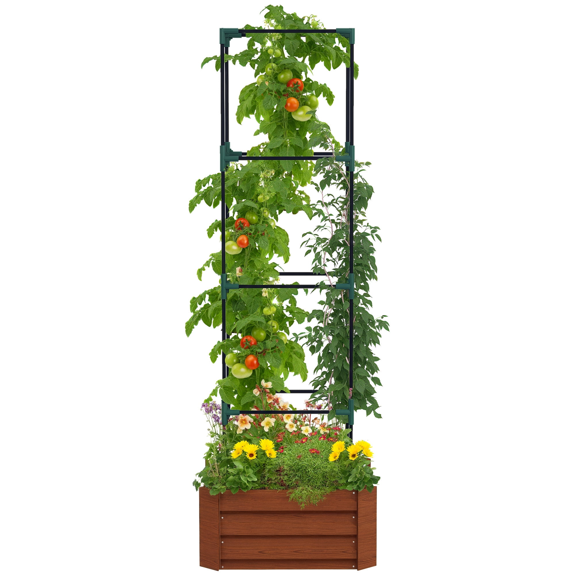 Galvanized Raised Garden Bed, Outdoor Planter Box with Trellis Tomato Cage and Open Bottom for Climbing Vines, Vegetables, Flowers in Backyard, Garden, Patio, Brown 24" x 24" x 11.75"