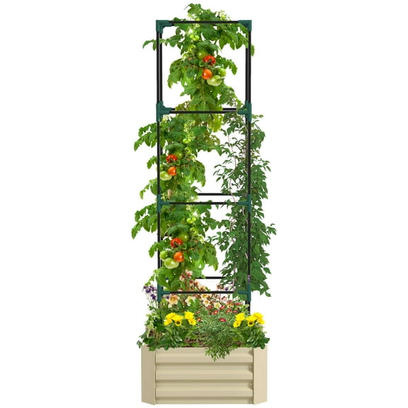 Galvanized Raised Garden Bed, Outdoor Planter Box with Trellis Tomato Cage and Open Bottom for Climbing Vines, Vegetables, Flowers in Backyard, Garden, Patio, Cream 24" x 24" x 11.75"