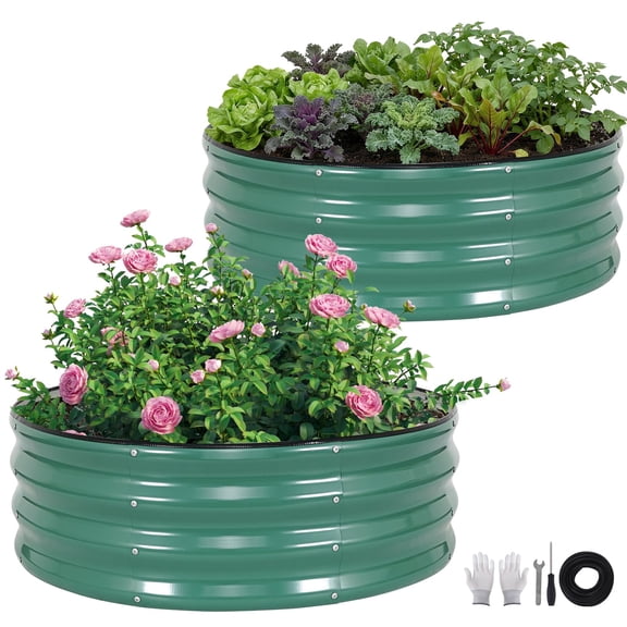 Galvanized Raised Garden Bed Outdoor, Round Metal Planter Boxes 2 Pcs, 3x3x1.4ft Steel Raised Bed Kit for Planting Vegetables, Fruits, Flowers(LotusGreen)