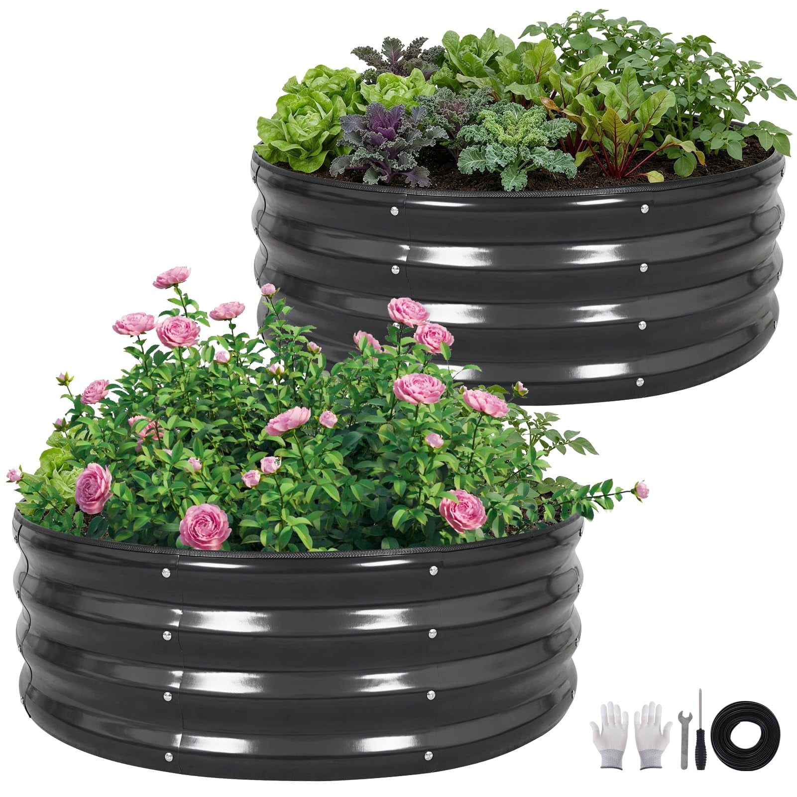 Galvanized Raised Garden Bed Outdoor, Round Metal Planter Boxes 2 Pcs, 3x3x1.4ft Steel Raised Bed Kit for Planting Vegetables, Fruits, Flowers(LotusGreen)